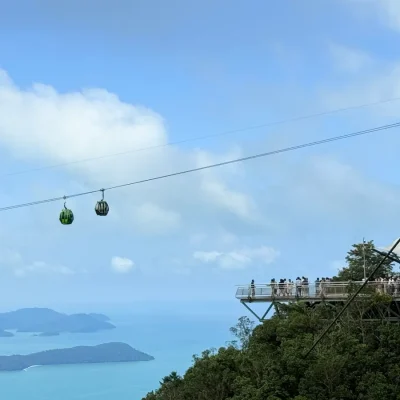 Tourists riding the Langkawi Cable Car over tropical rainforest canopy, an iconic part of a Junglewalla Malaysia Tour