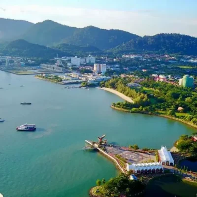 Aerial view of Kuah Town waterfront and jetty in Langkawi, highlighting the starting point for a Junglewalla Malaysia Tour