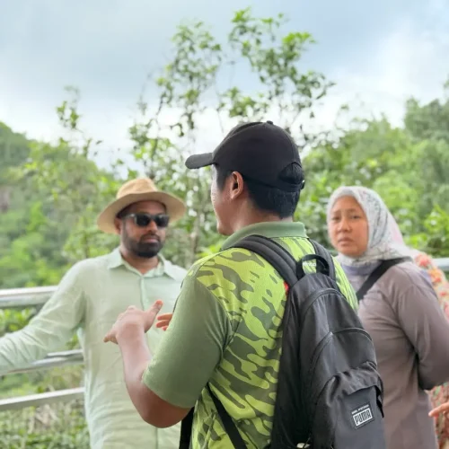 Junglewalla guide briefing guests at a viewpoint platform in Panorama Langkawi, showcasing expert-led Malaysia Tour services